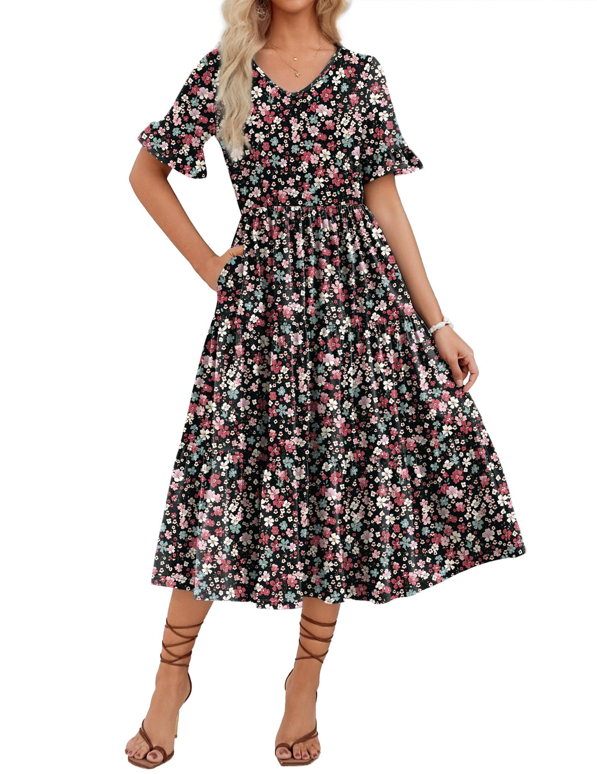 ZEAGOO Women's Summer Dresses Midi Tiered Casual Dress Floral V Neck Ruffle Short Sleeve Flowy Beach Dress with Pockets