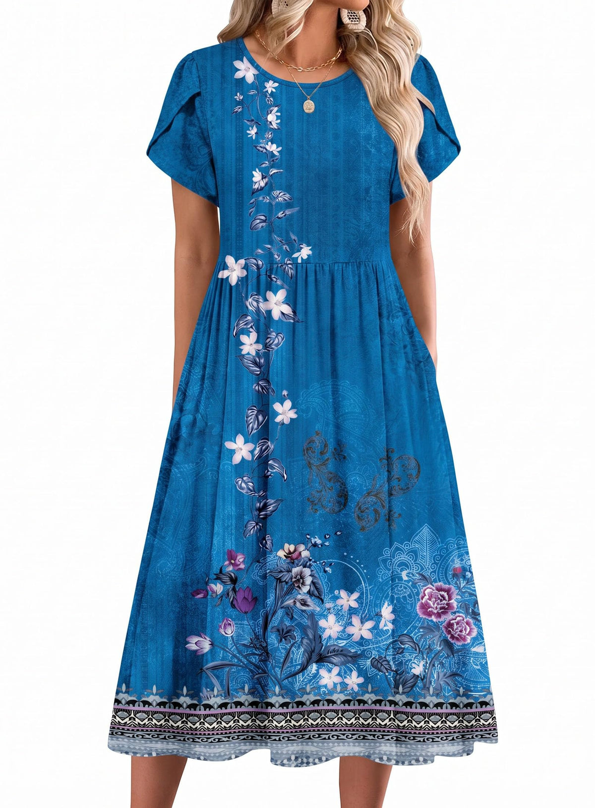 Zeagoo Womens Summer Dresses Casual Aline Midi Dress Short Sleeve Floral Tshirt Dress Flowy Beach Sundresses with Pockets