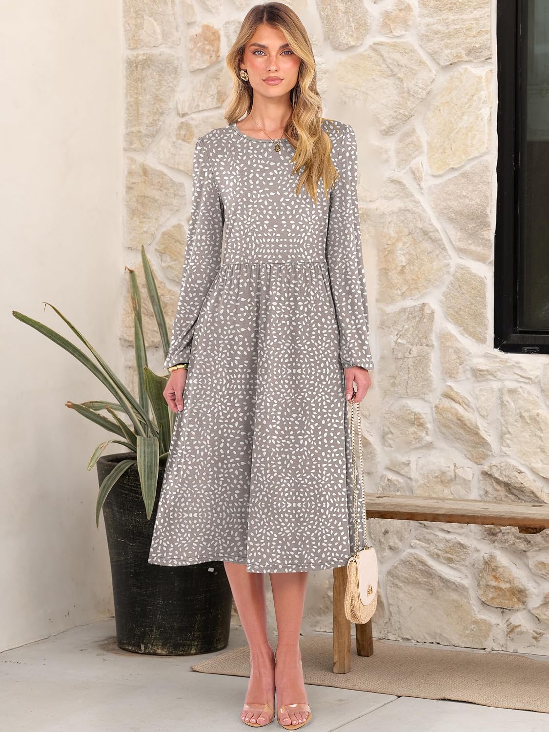 ANRABESS Women Long Sleeve Casual Fall Midi Dress Lightweight with Pockets