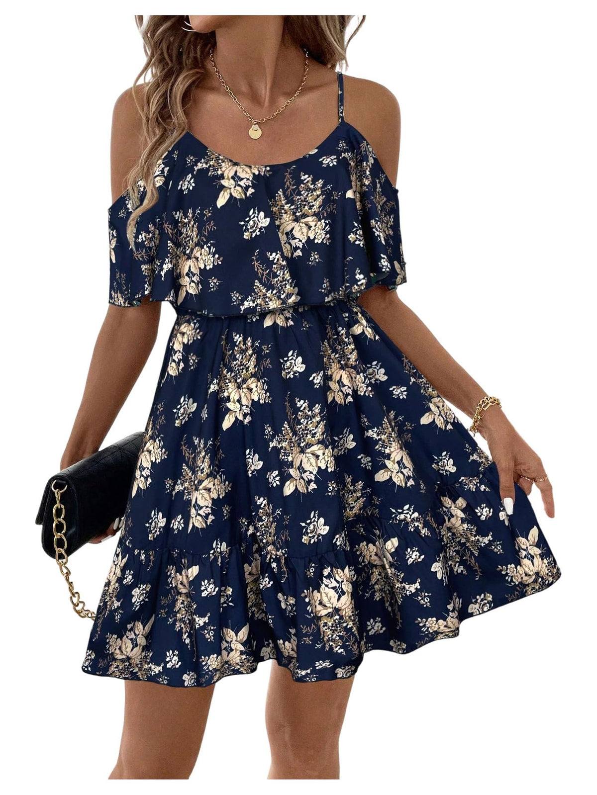 SOLY HUX Women's Summer Floral Mini Dress Cold Shoulder Ruffle Dresses