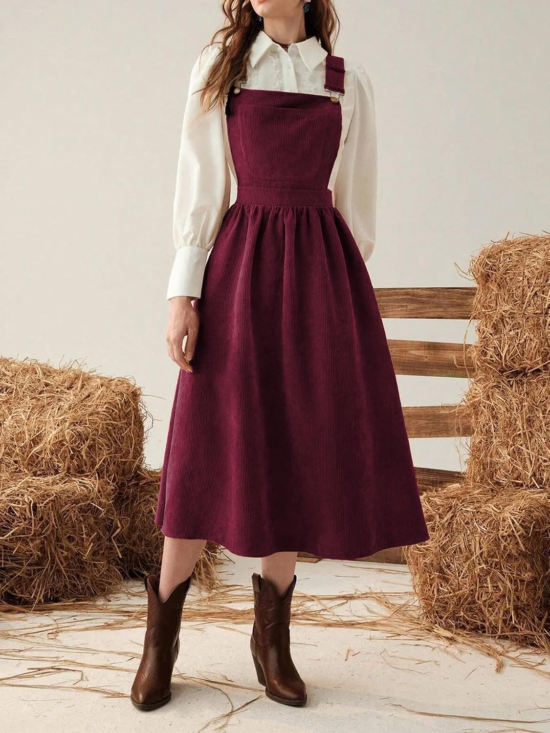 chouyatou Women's Fall Corduroy Overall Dress Adjustable Strap A Line Flare Pinafore Midi Jumper Dress