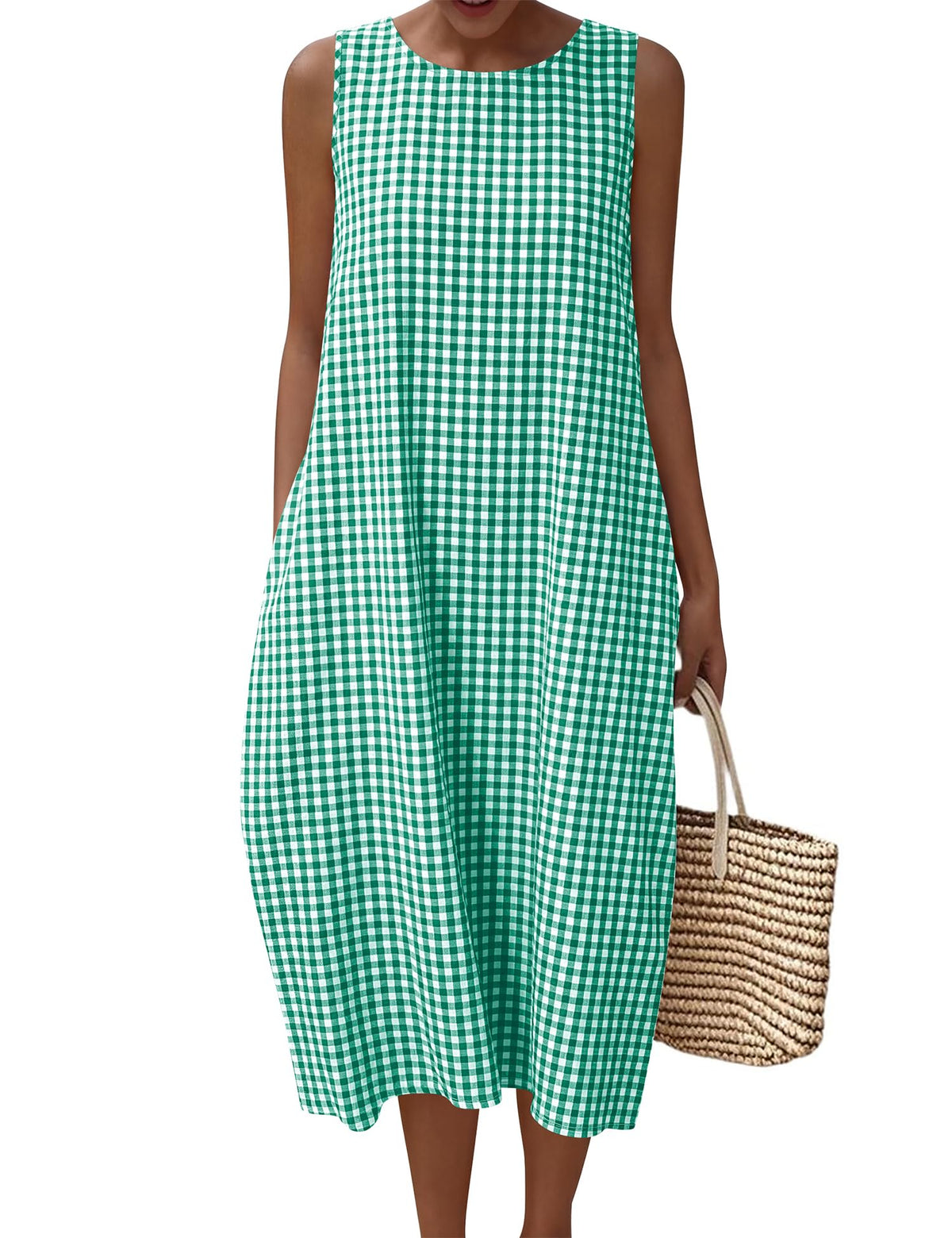 LOMON Womens Summer Sleeveless Dress Cotton Gingham Striped with Pockets