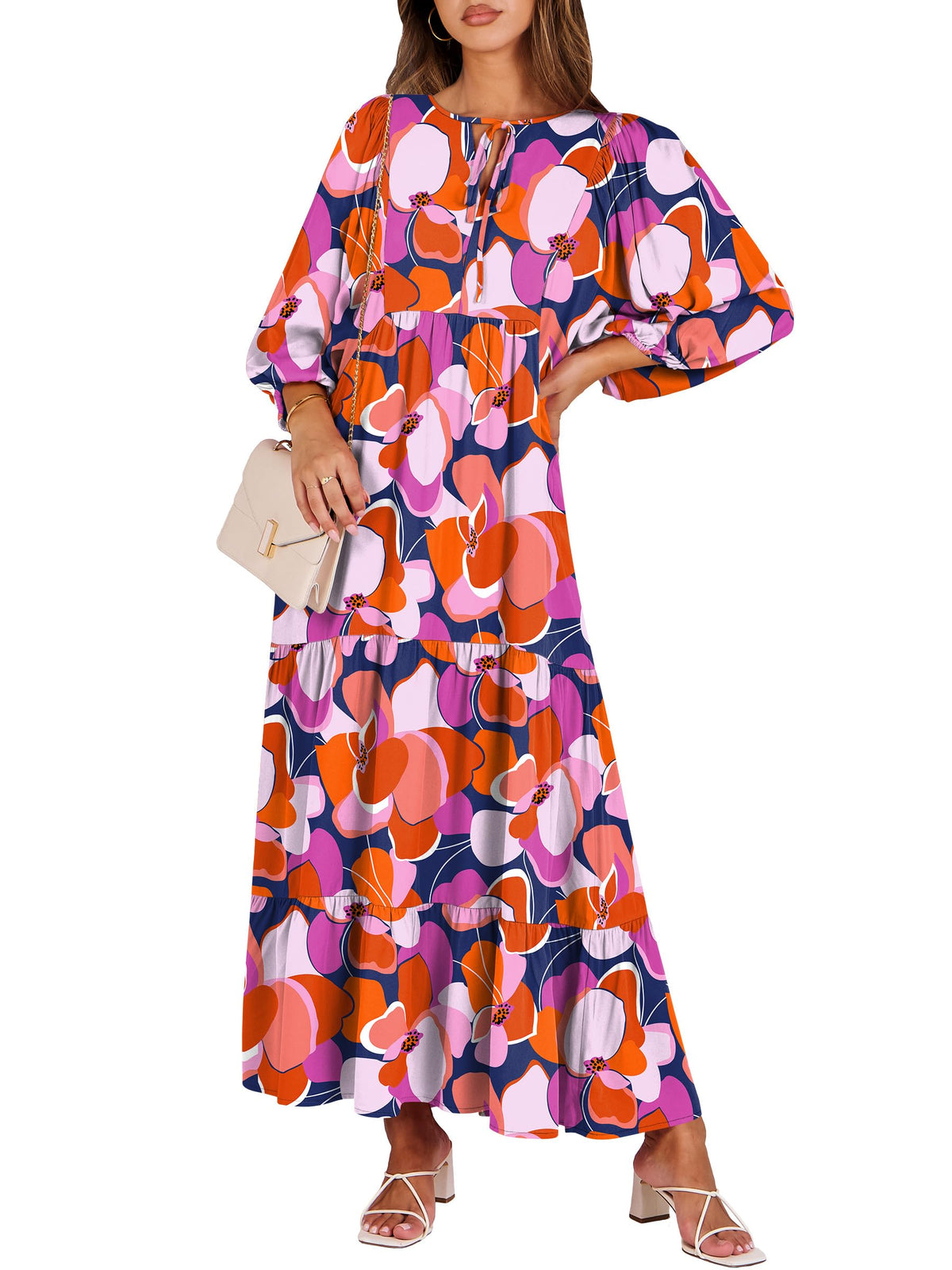 ANRABESS Womens Boho Floral 3/4 Puff Sleeve Maxi Dress