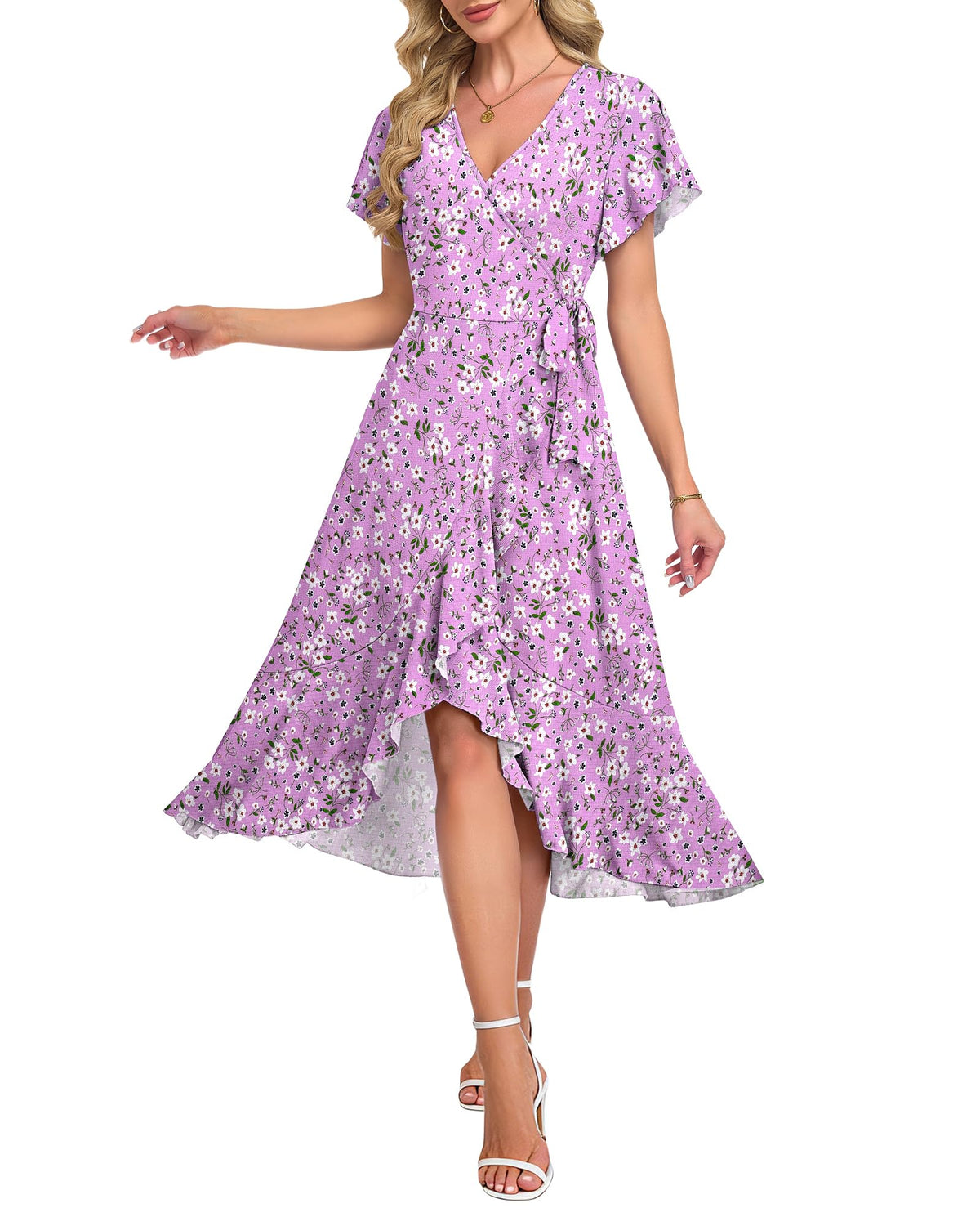 AUSELILY Women Summer Midi Dresses Wrap Short Flutter Sleeve Elegant Dress