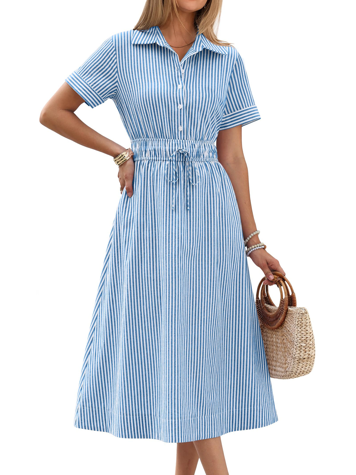 ANRABESS Women Summer Short Sleeve Midi Dress, Striped & Gingham, Casual A-Line Button Collar Shirt Dress, Beach & Vacation