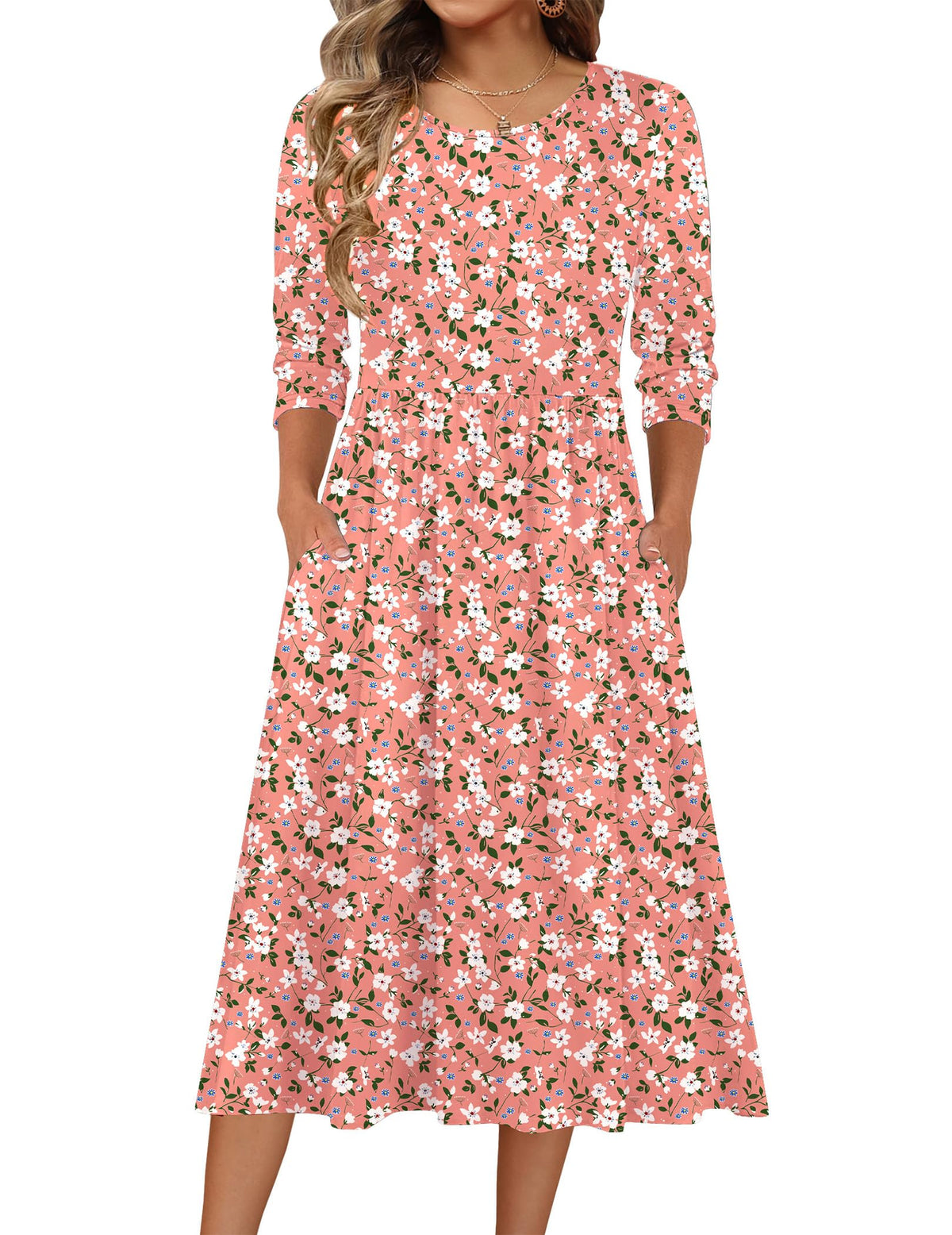 Zeagoo 3/4 Sleeve Women's Dress Casual Aline Summer Fall Midi Long Dresses