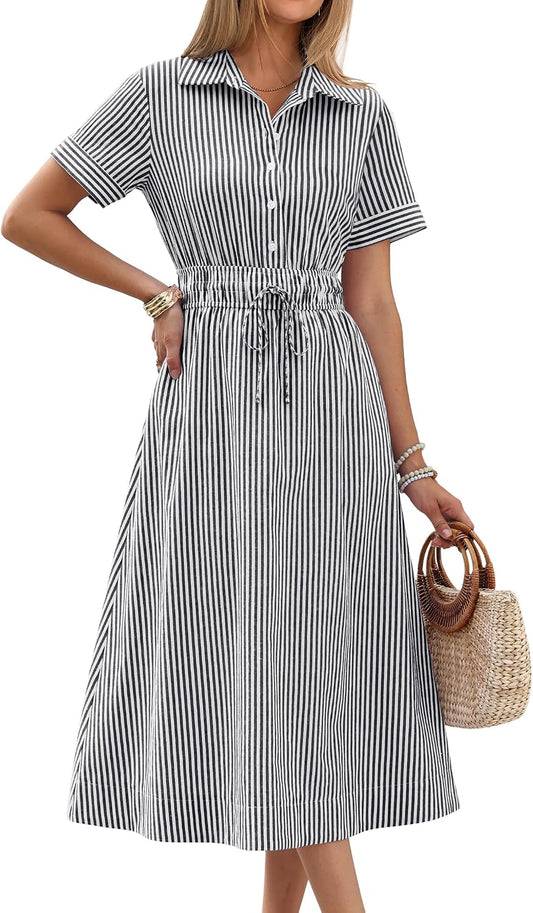 ANRABESS Women Summer Short Sleeve Midi Dress, Striped & Gingham, Casual A-Line Button Collar Shirt Dress, Beach & Vacation