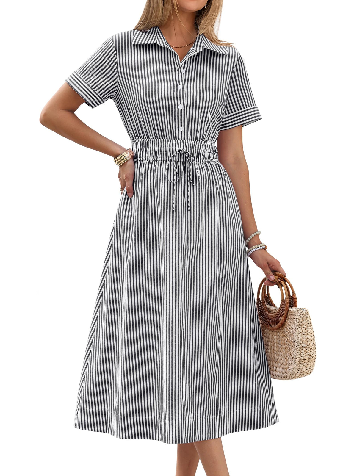 ANRABESS Women Summer Short Sleeve Midi Dress, Striped & Gingham, Casual A-Line Button Collar Shirt Dress, Beach & Vacation
