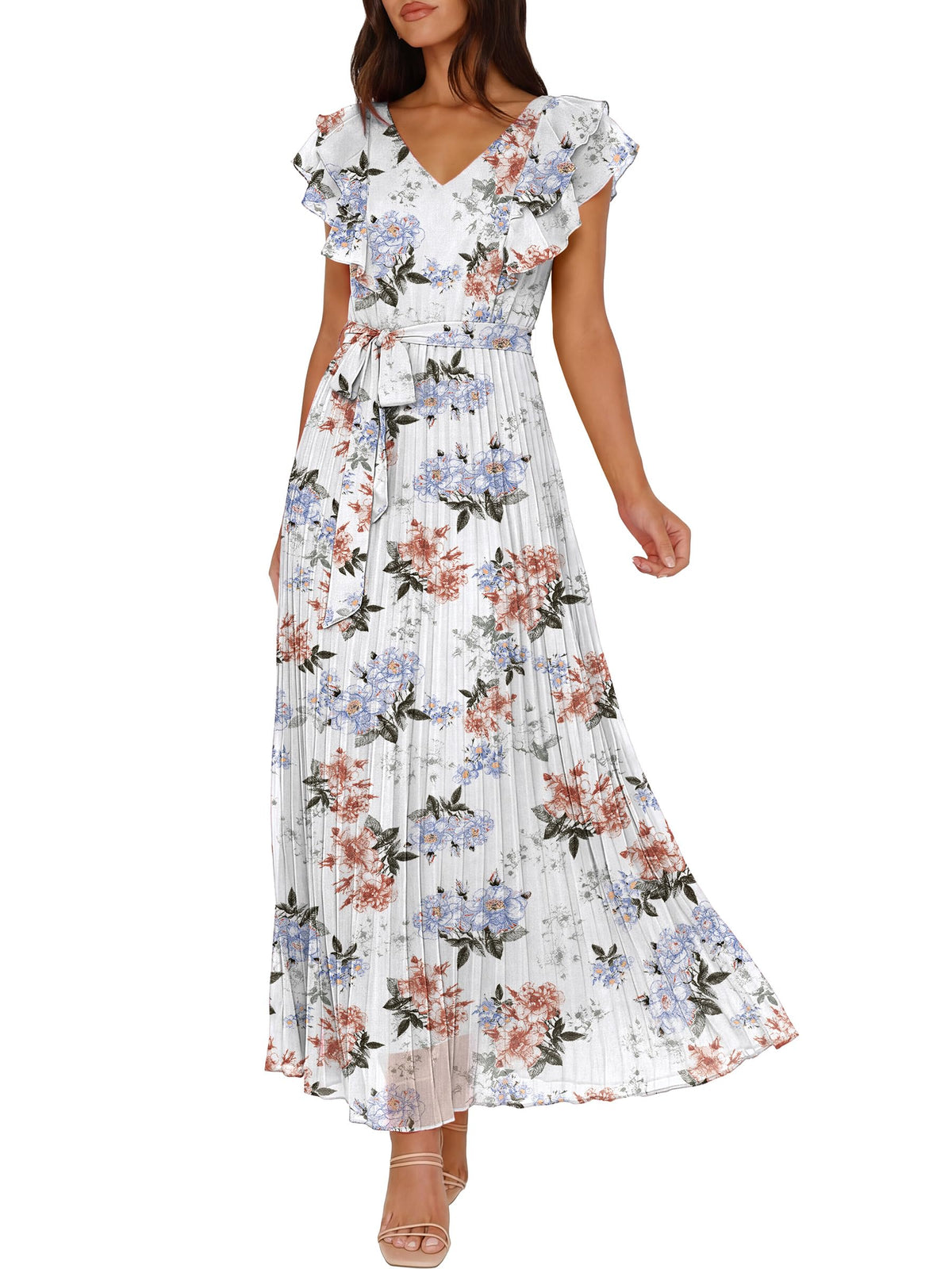 ANRABESS Women V Neck Ruffle Sleeve Floral Pleated Maxi Dresses Summer Boho Belt Empire Waist Wedding Guest Party Flowy Dress