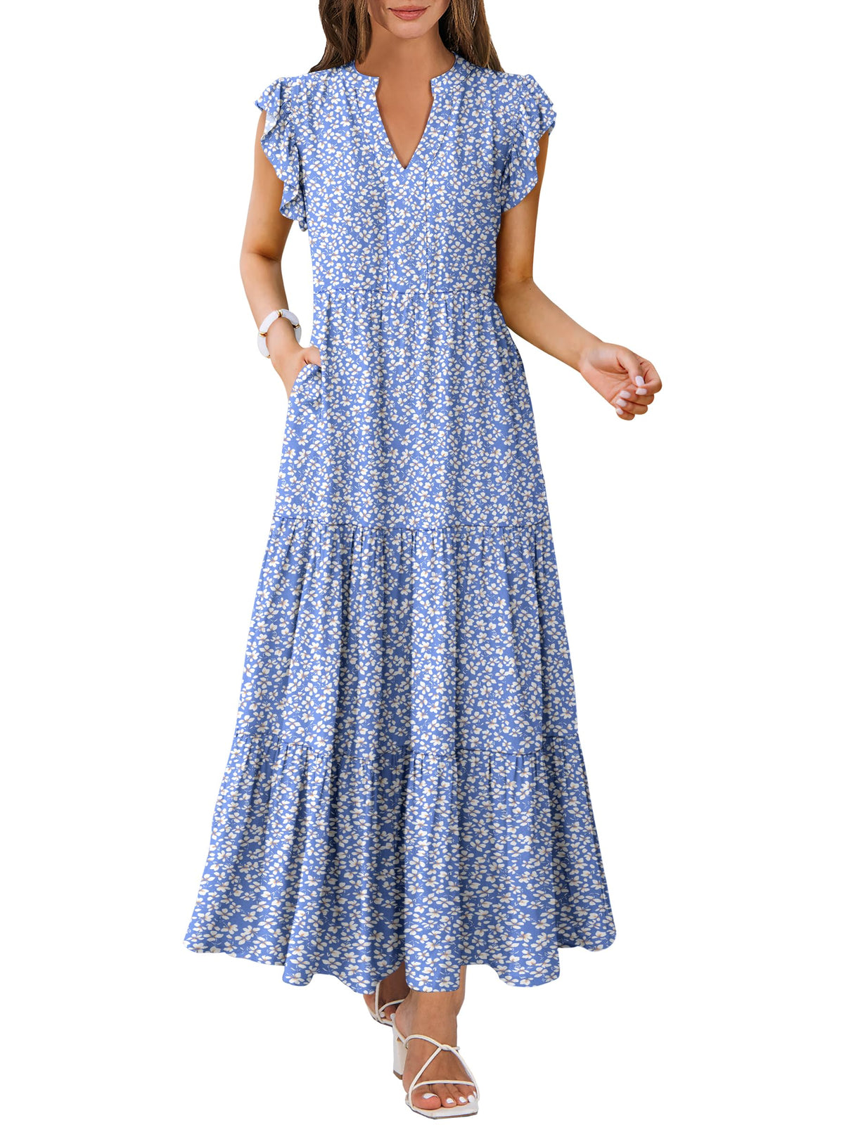 ANRABESS Womens Summer Dress Ruffle Sleeve V Neck Vacation Maxi Dresses