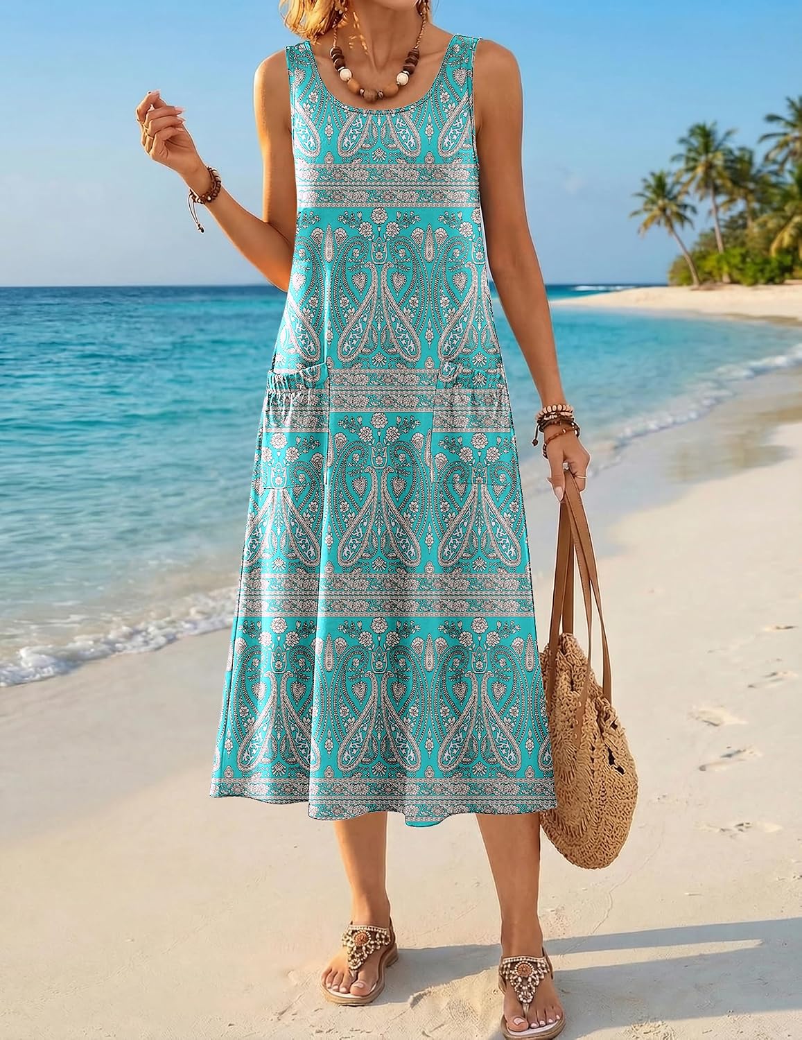 Zeagoo Womens Summer Midi Dresses 2026 Casual Sleeveless Tank Sundresses A Line Crewneck Beach Vacation Dress with Pockets