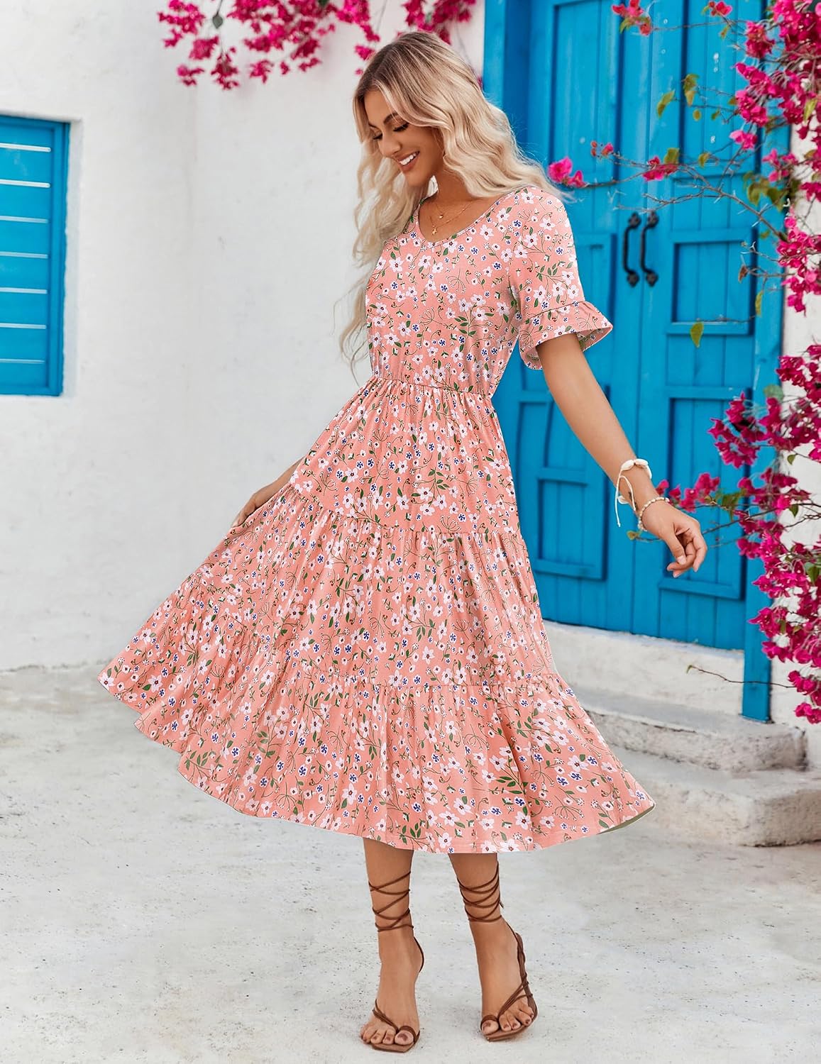 ZEAGOO Women's Summer Dresses Midi Tiered Casual Dress Floral V Neck Ruffle Short Sleeve Flowy Beach Dress with Pockets