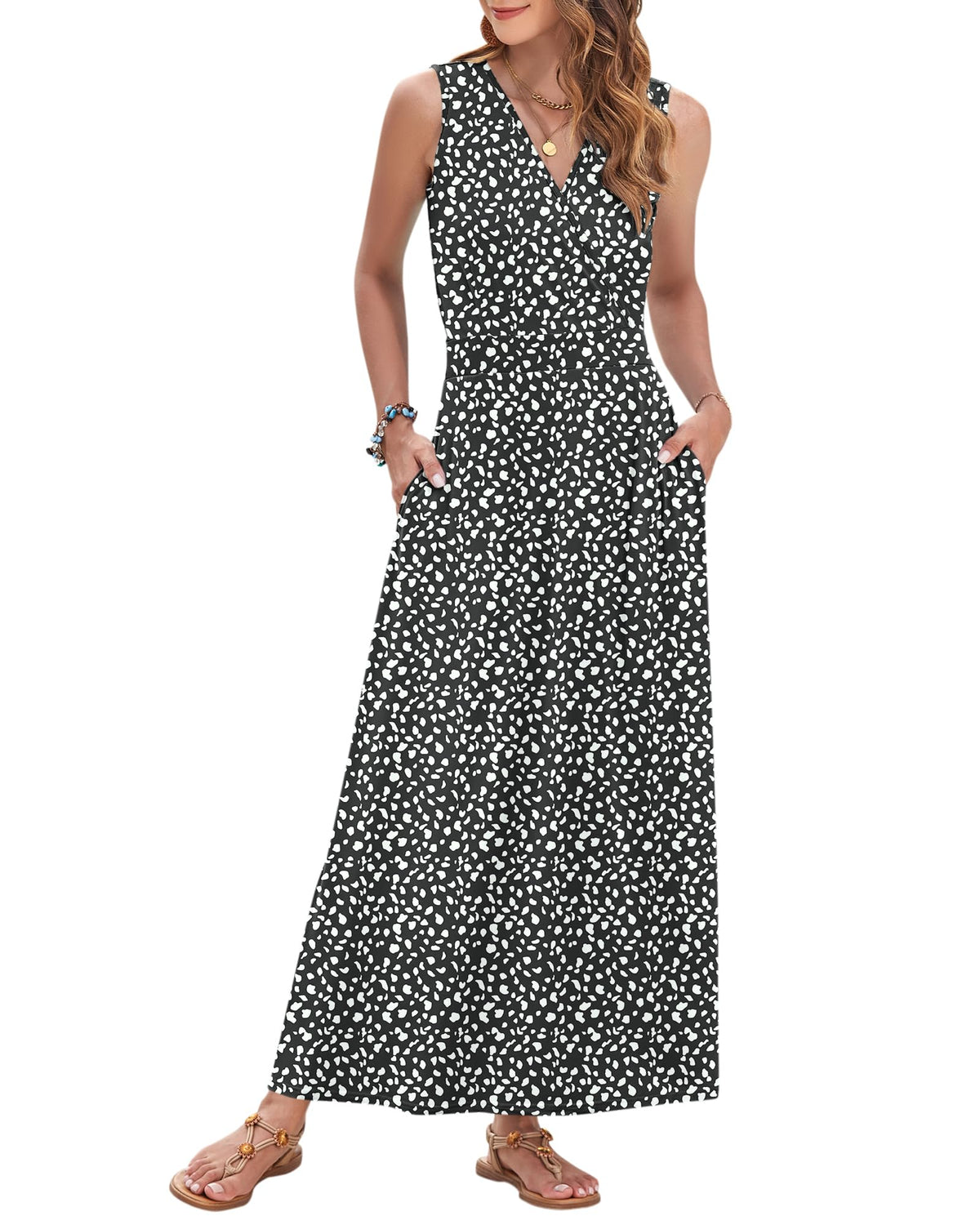 AUSELILY Womens Maxi Dress Summer Sleeveless Wrap Long Dresses with Pockets