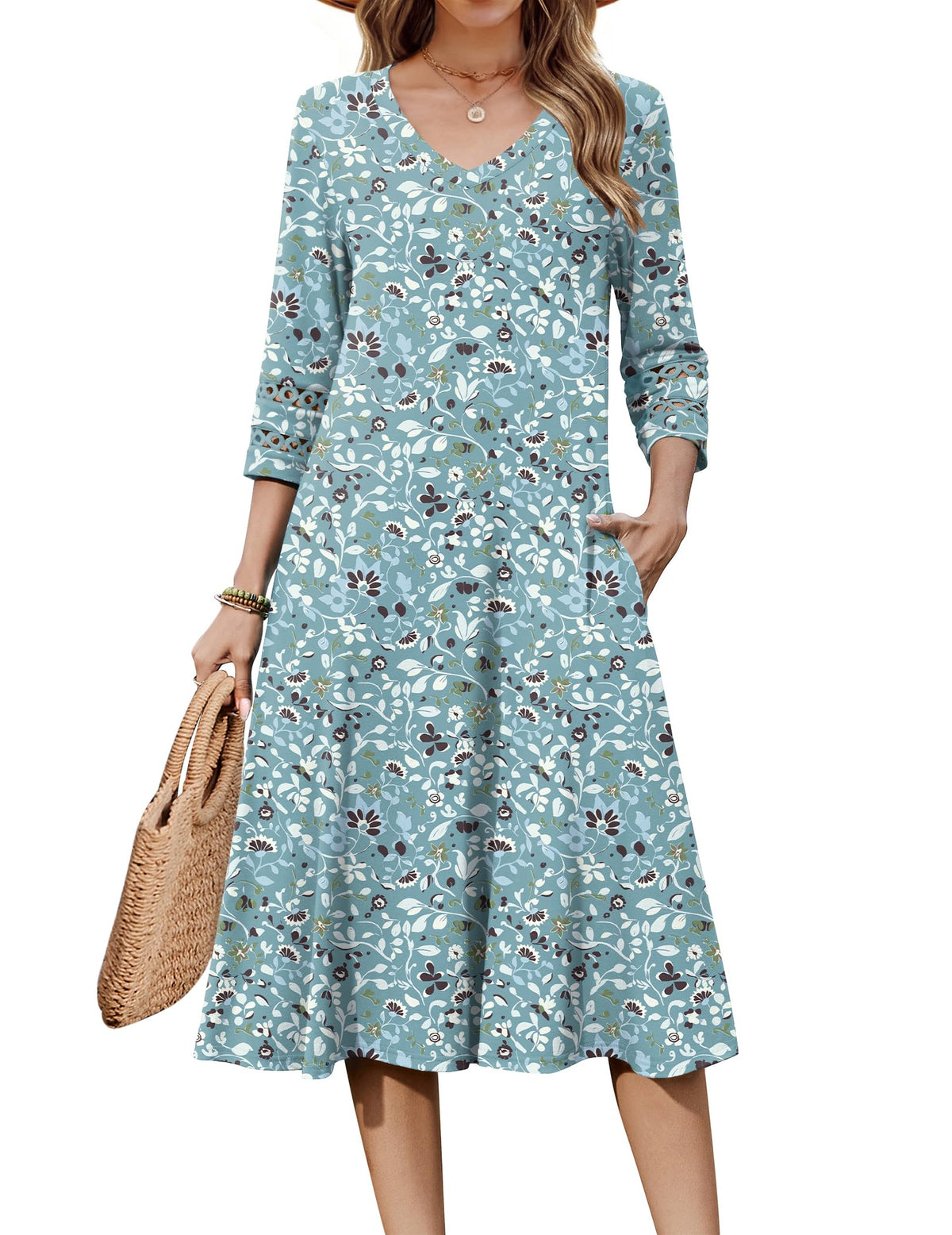 Zeagoo Women's Dresses 3/4 Sleeve Casual V-Neck A Line Eyelet Midi Dress