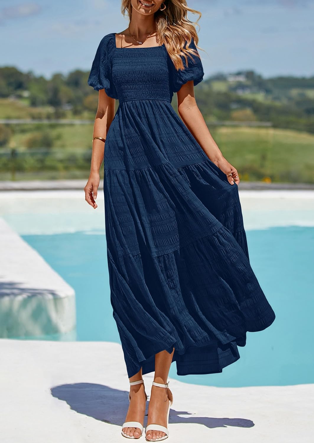 PRETTYGARDEN Womens Puff Short Sleeve Maxi Dress