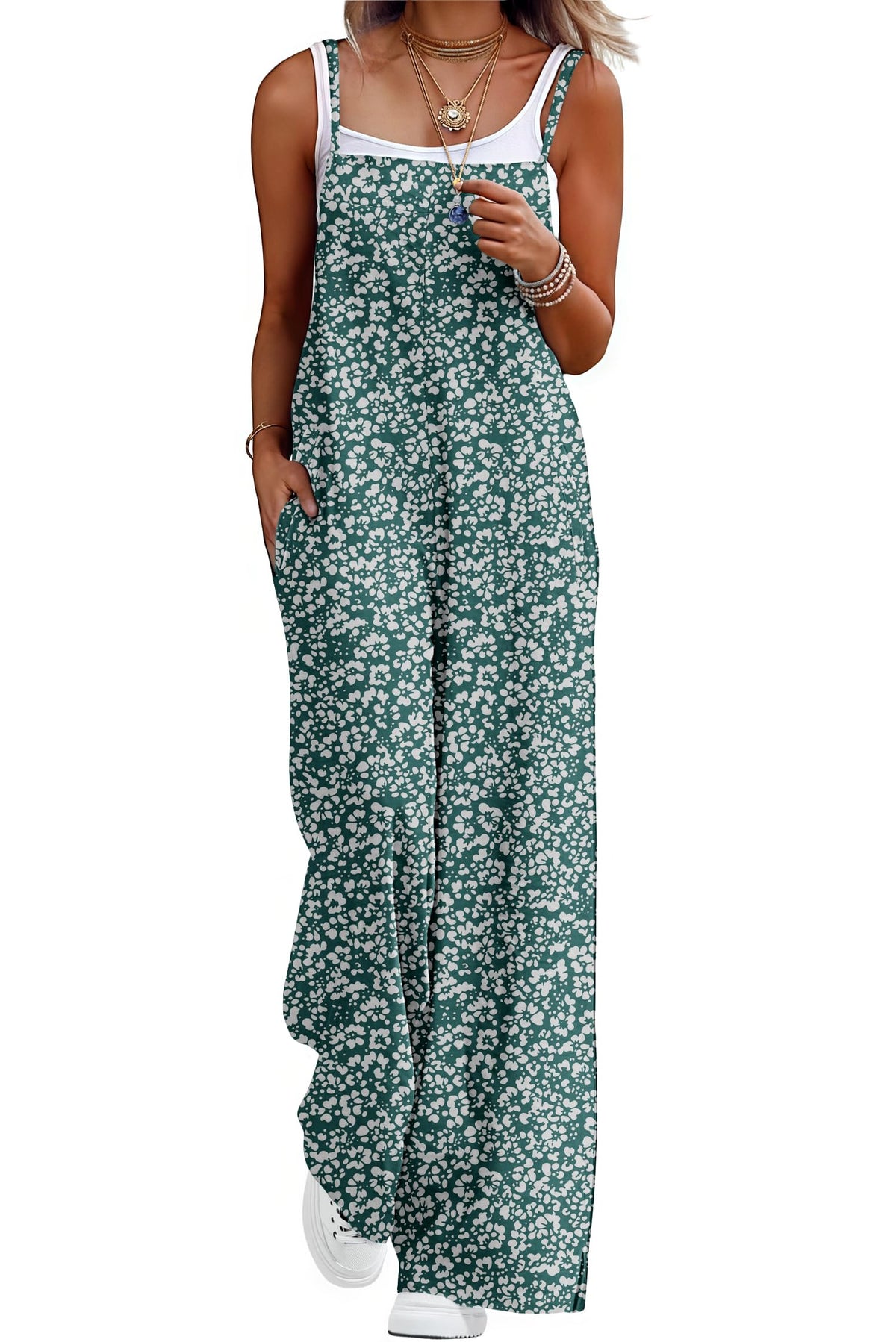 Lepunuo Womens Casual Loose Jumpsuits Summer Boho Wide Leg Rompers Sleeveless Overalls with Pockets