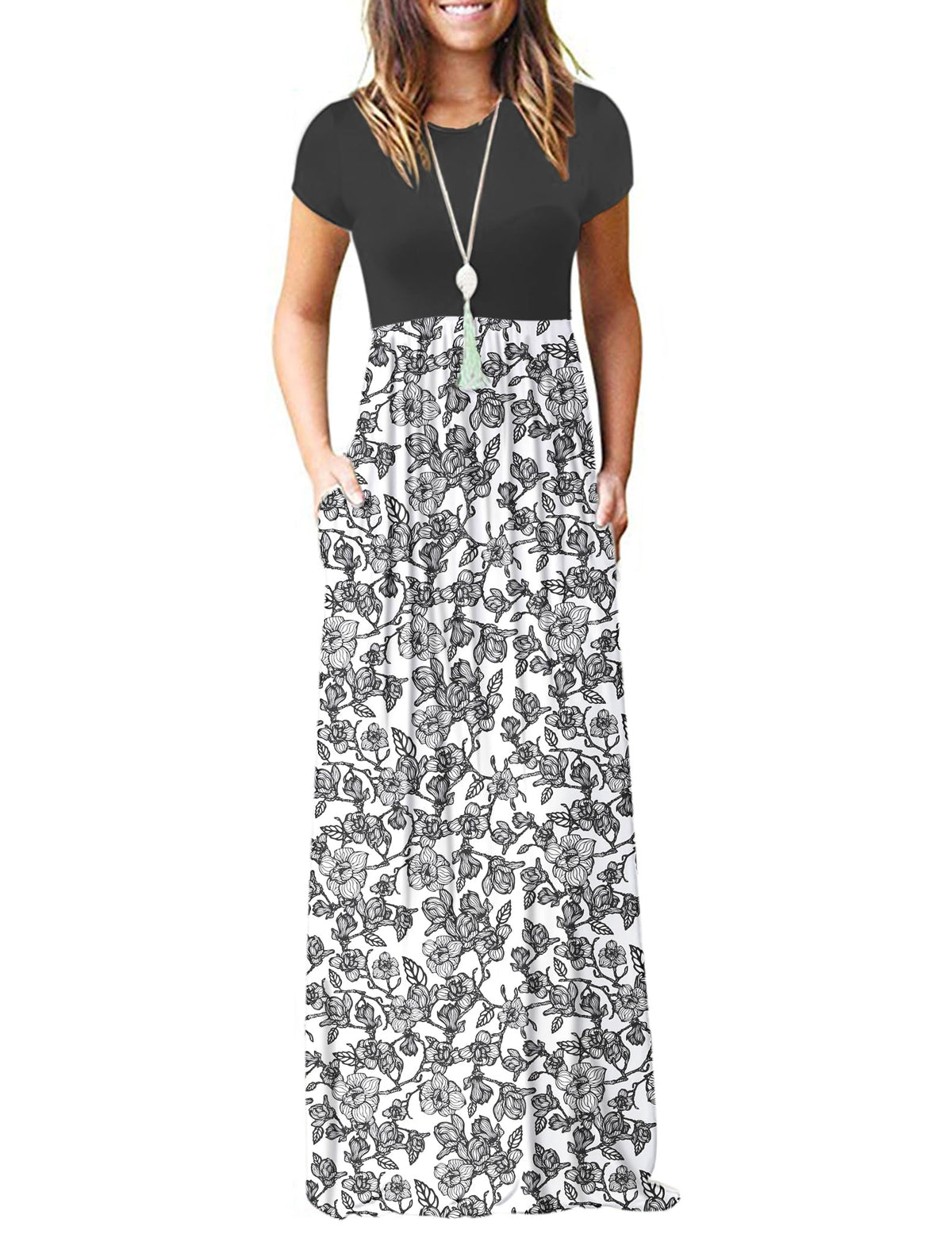 AUSELILY Women's Summer Short Sleeve Loose Plain Casual Long Maxi Dresses