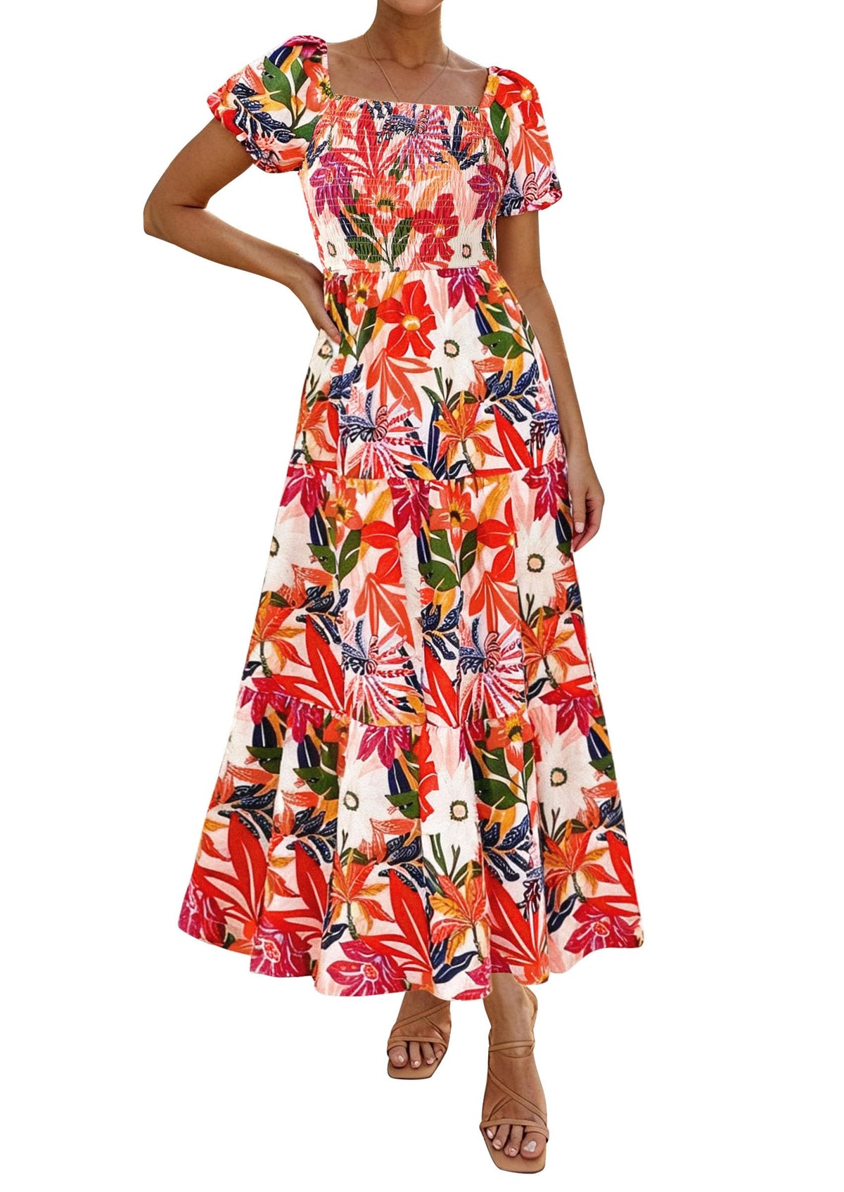 PRETTYGARDEN Womens Puff Short Sleeve Maxi Dress
