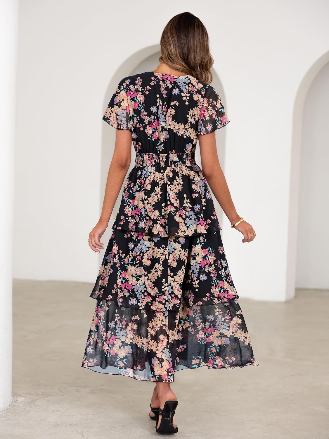 Simplee Women Floral Summer Maxi Dress Boho Flowy Ruffle Tiered Short Sleeves V Neck Long Wedding Guest Dresses