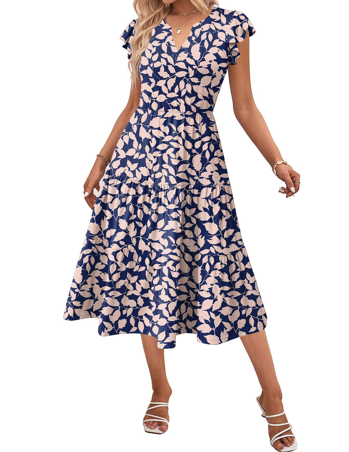 ZEAGOO Womens Summer Casual Dresses Ruffle Sleeve V Neck Midi Dress Flowy Tiered Dress with Pockets Boho Sundresses