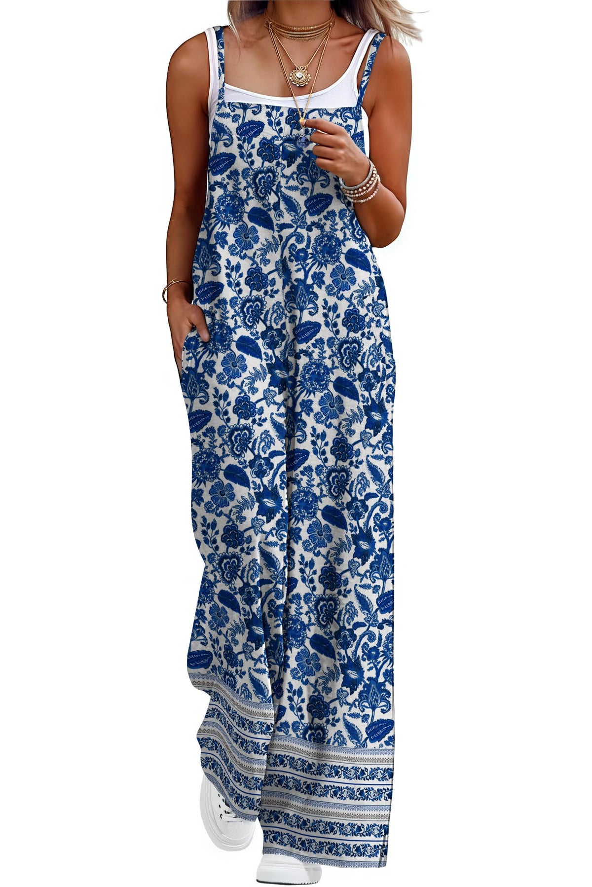 Lepunuo Womens Casual Loose Jumpsuits Summer Boho Wide Leg Rompers Sleeveless Overalls with Pockets