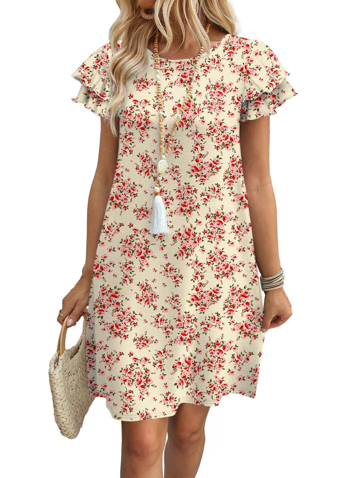 OFEEFAN Womens Summer Dresses 2026 Ruffle Sleeve Round Neck Loose Swing Sundresses with Pockets Plain/Print