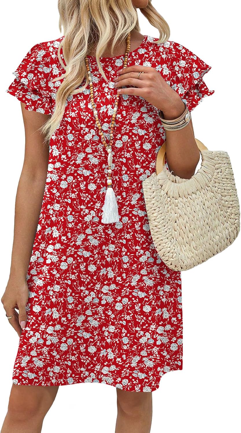OFEEFAN Womens Summer Dresses 2026 Ruffle Sleeve Round Neck Loose Swing Sundresses with Pockets Plain/Print