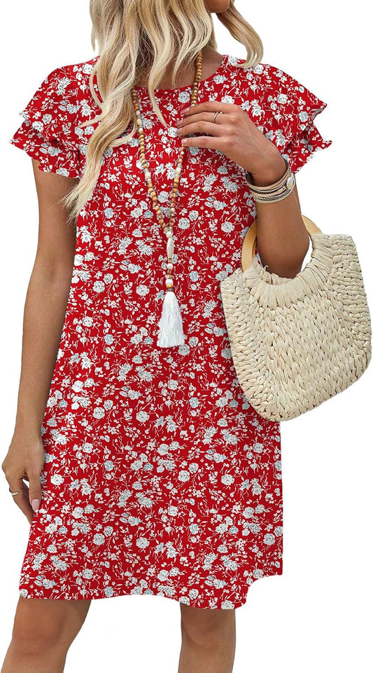 OFEEFAN Womens Summer Dresses 2026 Ruffle Sleeve Round Neck Loose Swing Sundresses with Pockets Plain/Print