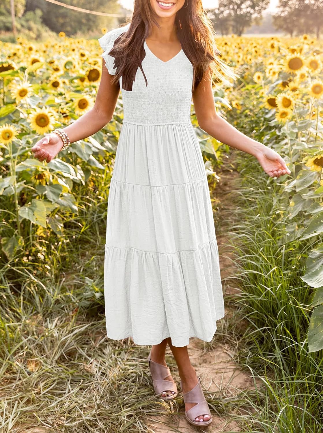 MEROKEETY Women's Summer 2026 Flutter Sleeve Smocked Casual Midi Dress
