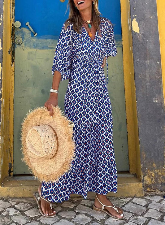 miduo Womens Casual V Neck Half Sleeve Bohemian Geometric Maxi Long Dresses