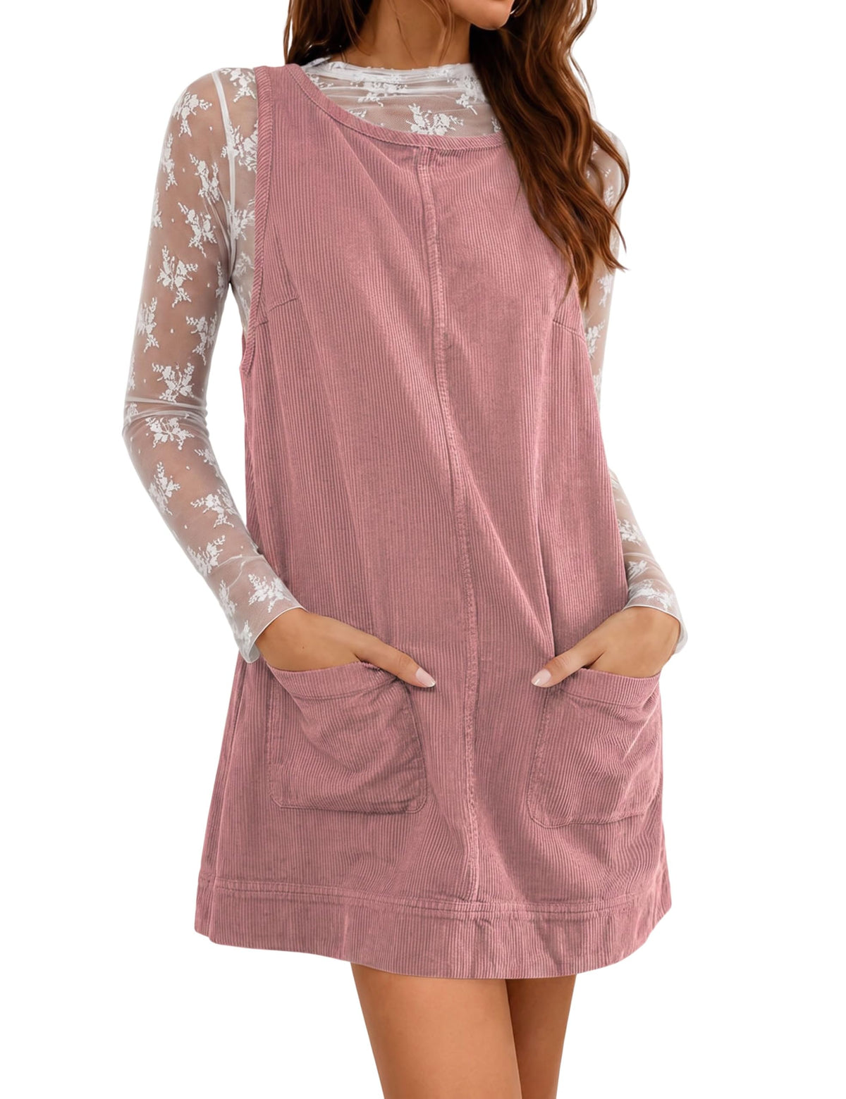 Hooever Women's Corduroy Overall Dress Round Neck A Line Skirtall Jumper Mini Dress Pinafore with Pockets