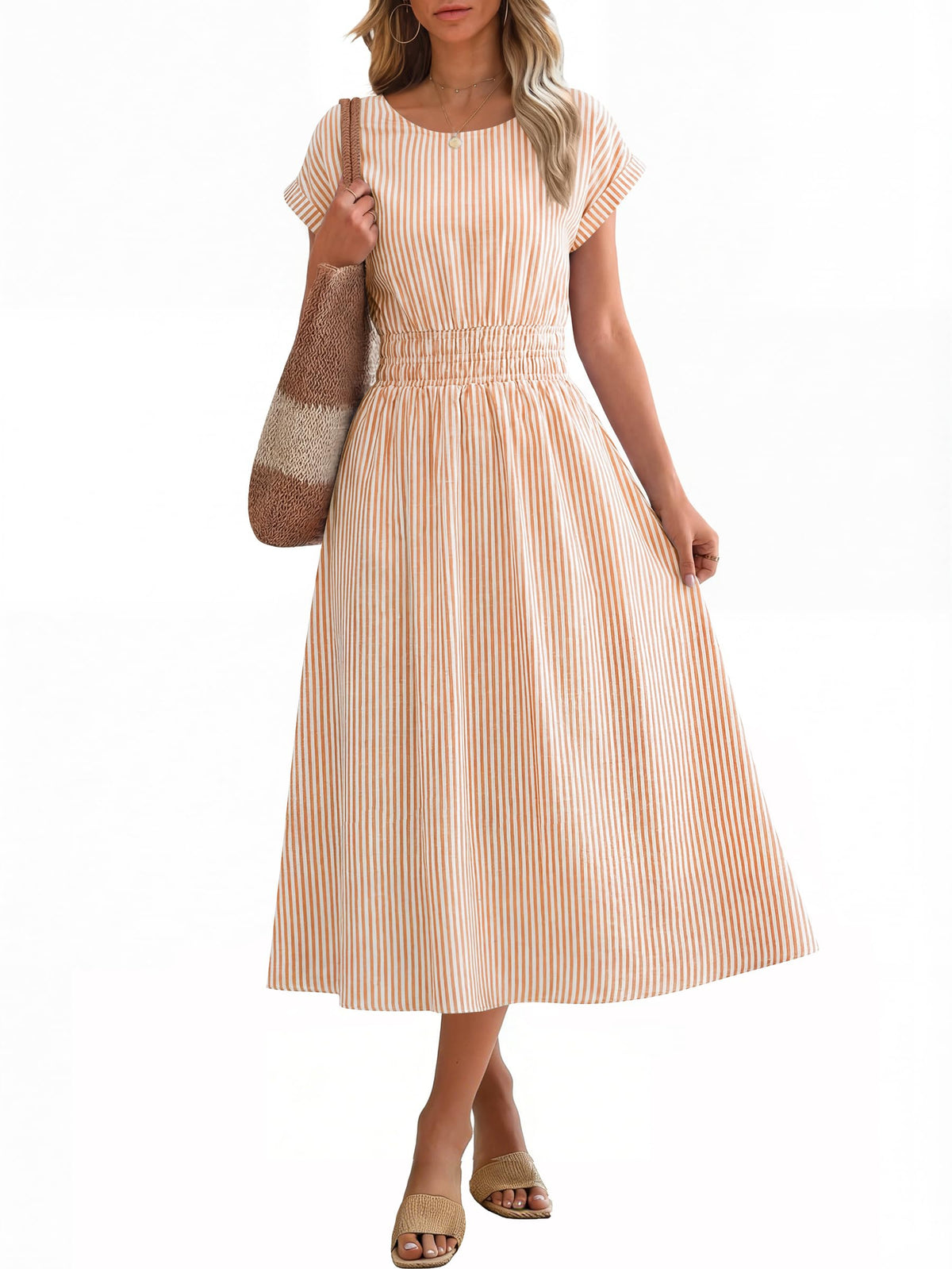 ANRABESS Womens Summer Midi Dress Striped Casual Short Sleeve Crewneck Elastic Waist 2026 Flowy Long Beach Dress with Pockets