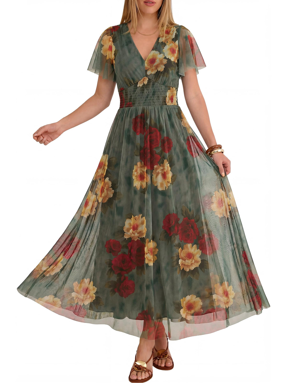 ANRABESS Women's Floral Tulle Wedding Guest Short Sleeve Maxi Dress