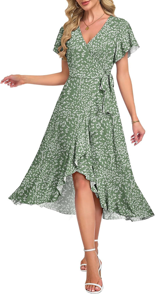 AUSELILY Women Summer Midi Dresses Wrap Short Flutter Sleeve Elegant Dress