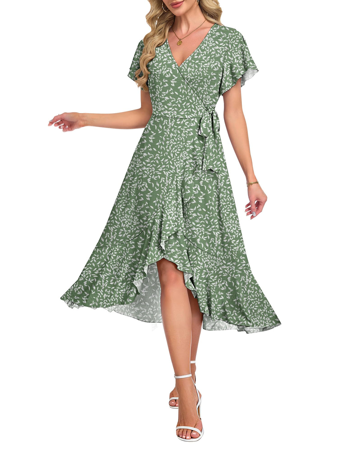 AUSELILY Women Summer Midi Dresses Wrap Short Flutter Sleeve Elegant Dress