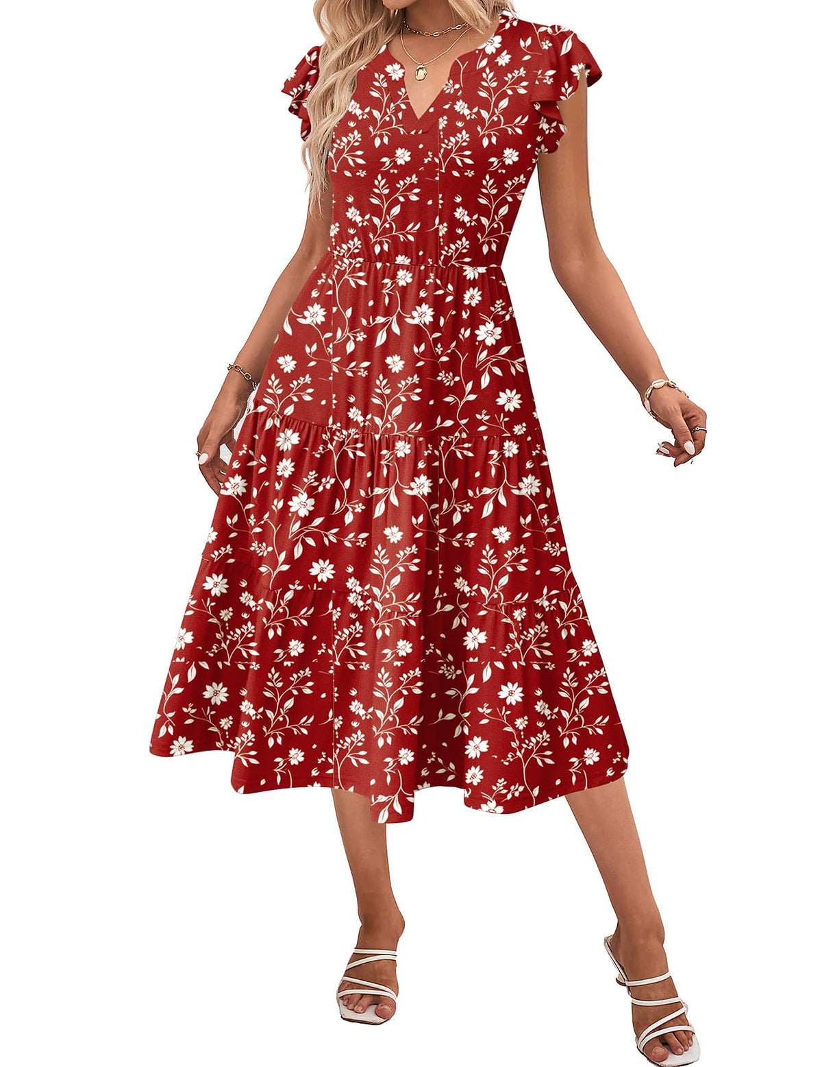 ZEAGOO Womens Summer Casual Dresses Ruffle Sleeve V Neck Midi Dress Flowy Tiered Dress with Pockets Boho Sundresses