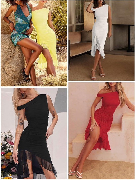 MIYIEONZ One Shoulder Dresses for Women Summer Wedding Guest Dress