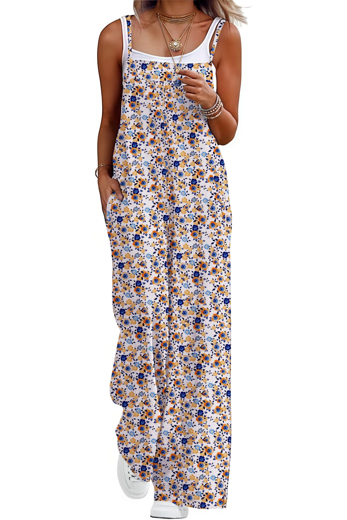 Lepunuo Womens Casual Loose Jumpsuits Summer Boho Wide Leg Rompers Sleeveless Overalls with Pockets