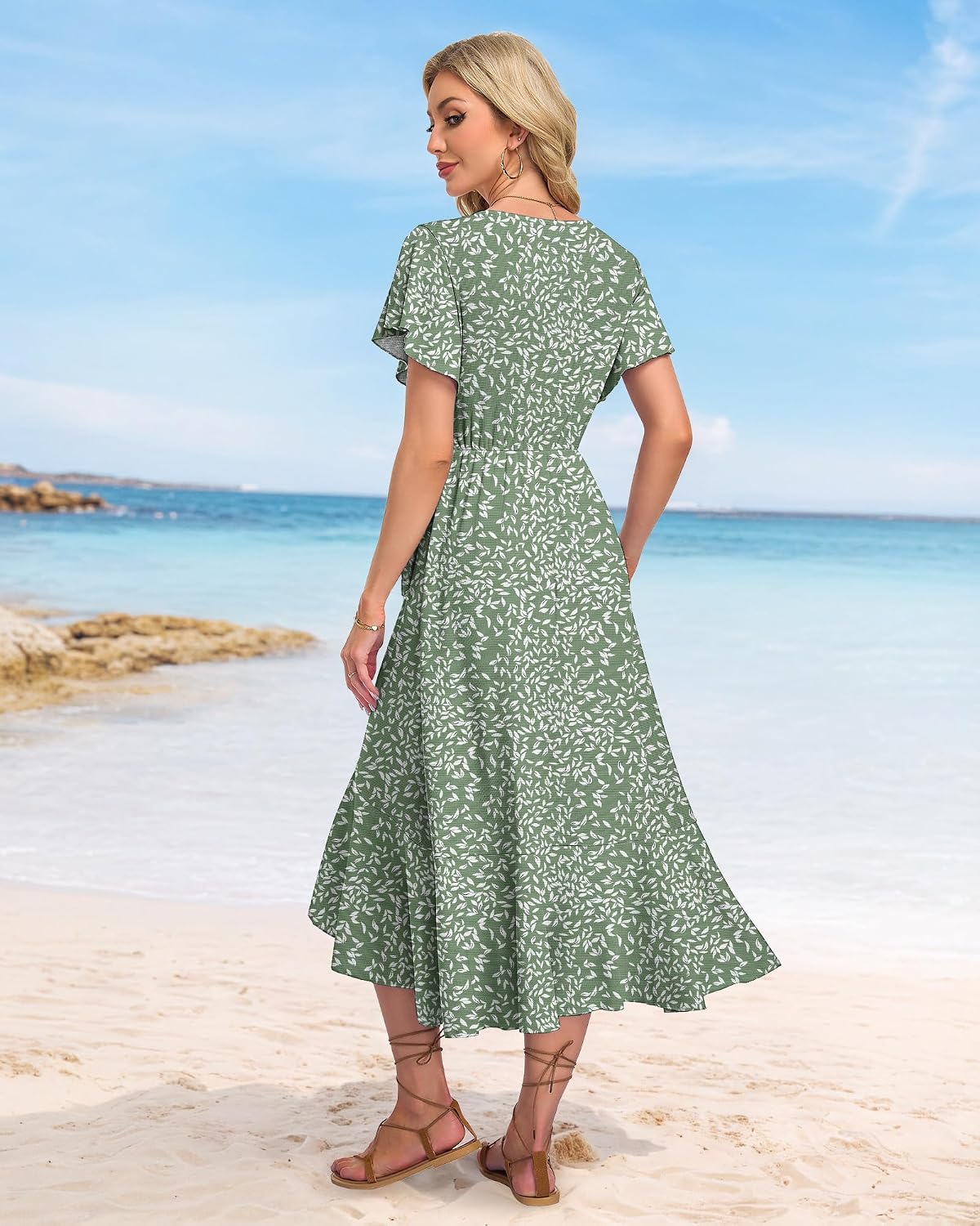 AUSELILY Women Summer Midi Dresses Wrap Short Flutter Sleeve Elegant Dress