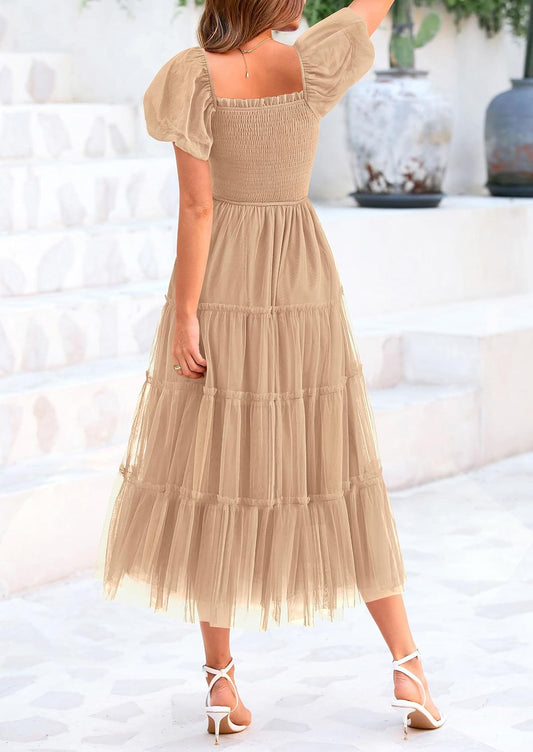 PRETTYGARDEN Women's Summer Smocked Midi Tulle Dress