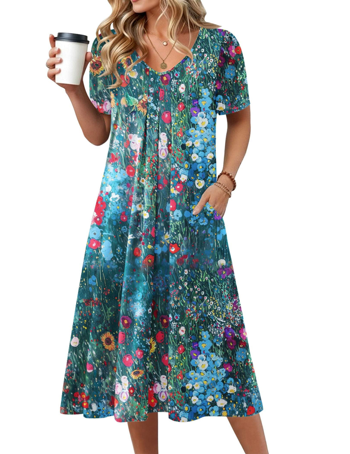 Zeagoo Summer Casual Dress for Womens Floral Midi Sundress with Pockets