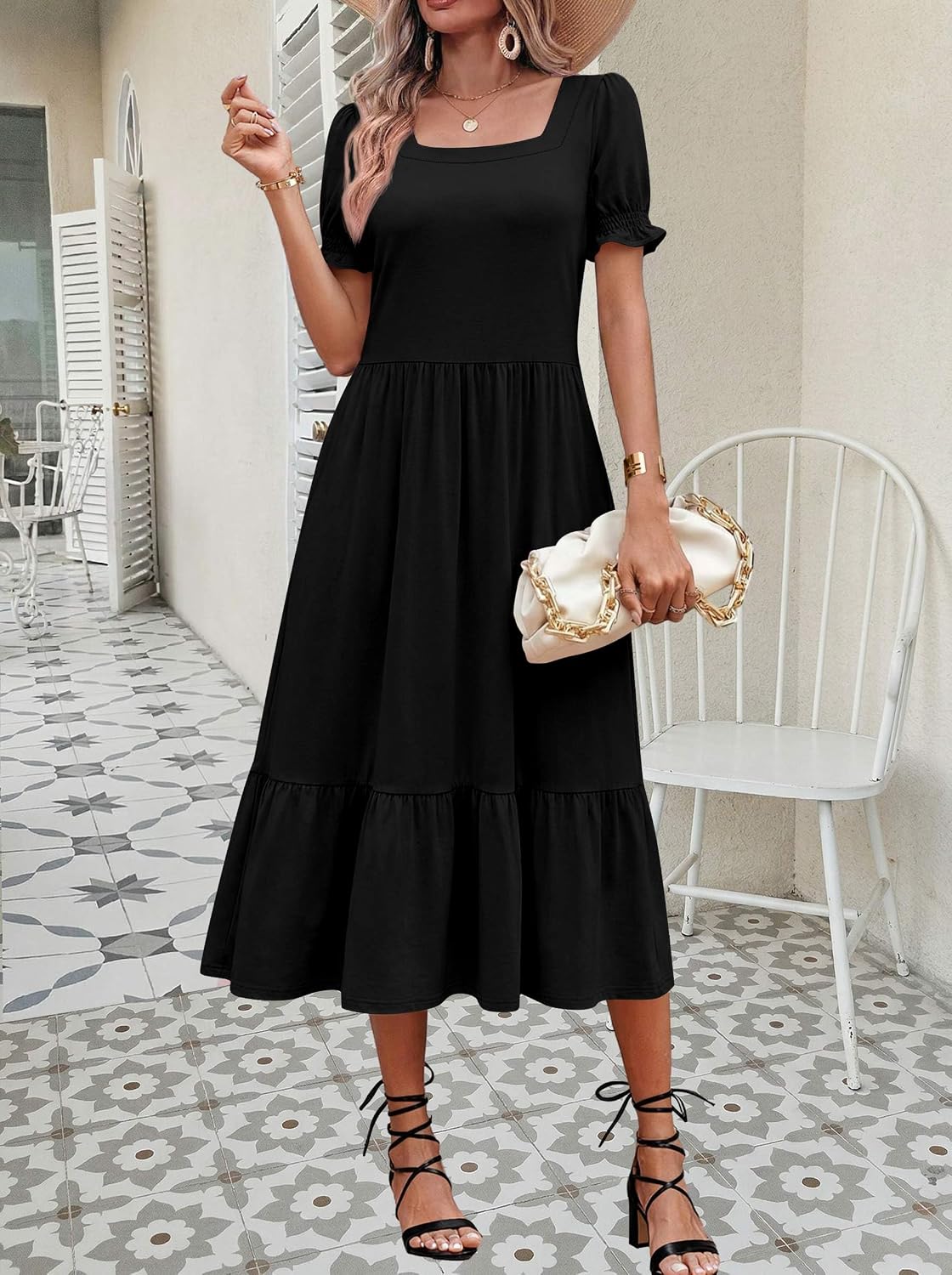 Zeagoo Summer Dresses for Women Flowy Casual Midi Dress Short Sleeve Tiered Dress Beach Vacation Sundresses with Pockets