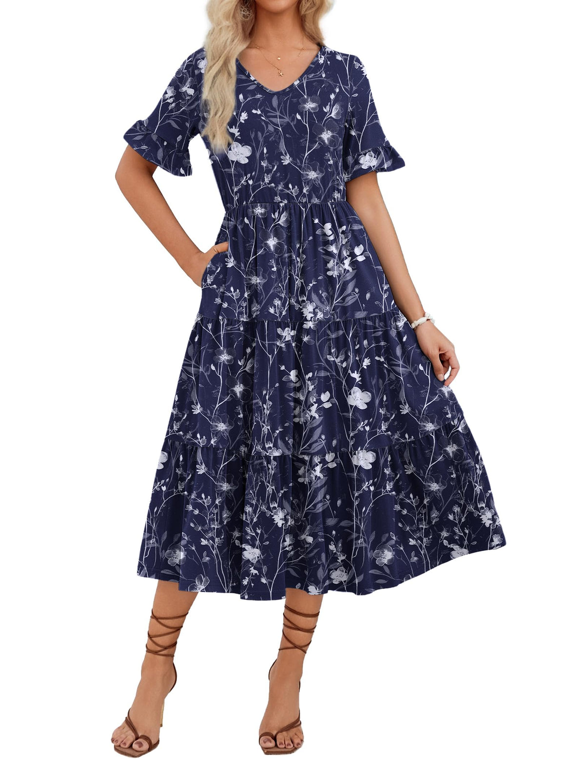 ZEAGOO Women's Summer Dresses Midi Tiered Casual Dress Floral V Neck Ruffle Short Sleeve Flowy Beach Dress with Pockets