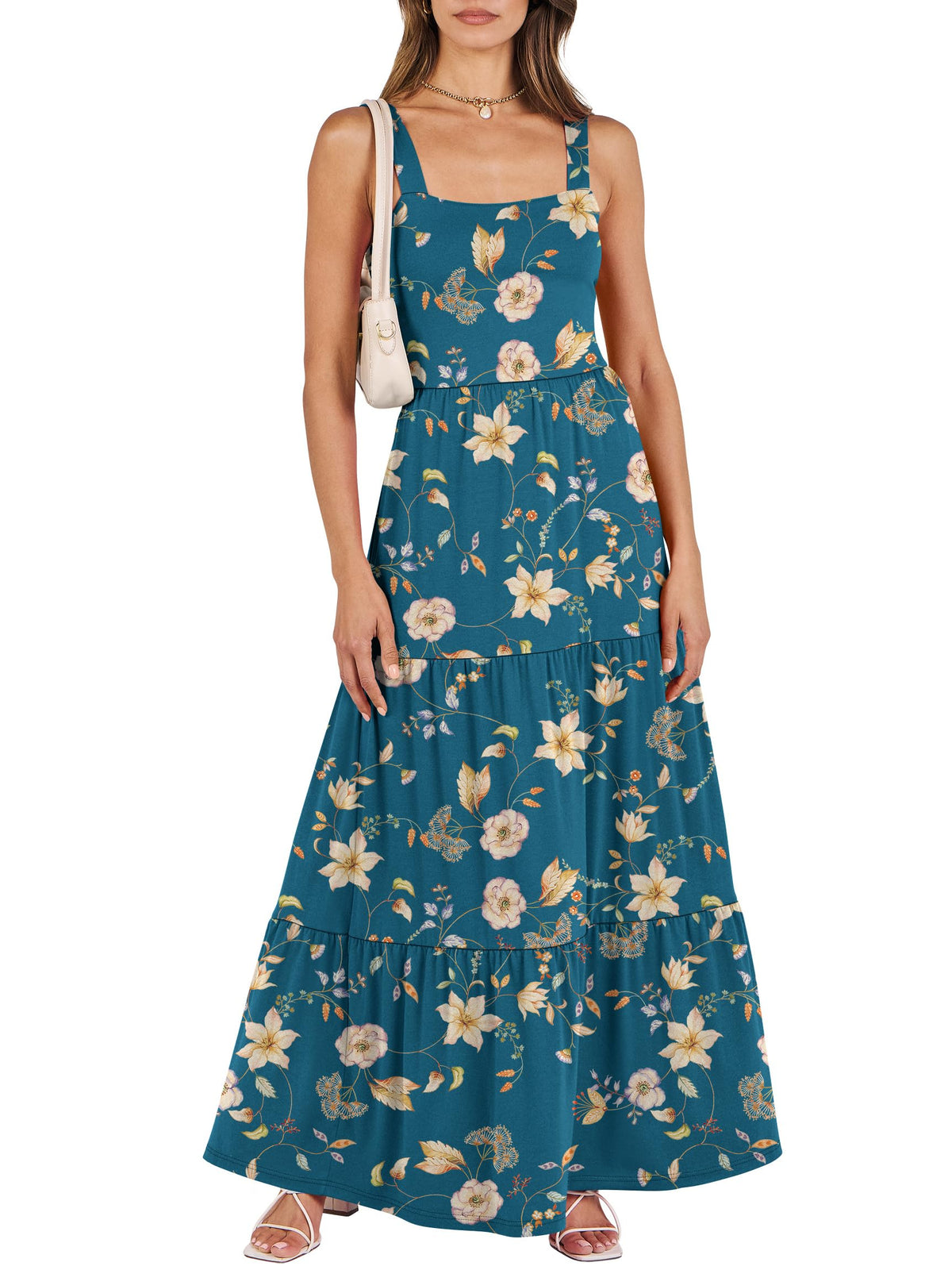 ANRABESS Women's Summer Flowy Maxi Dress Square Neck Sundress with Pockets