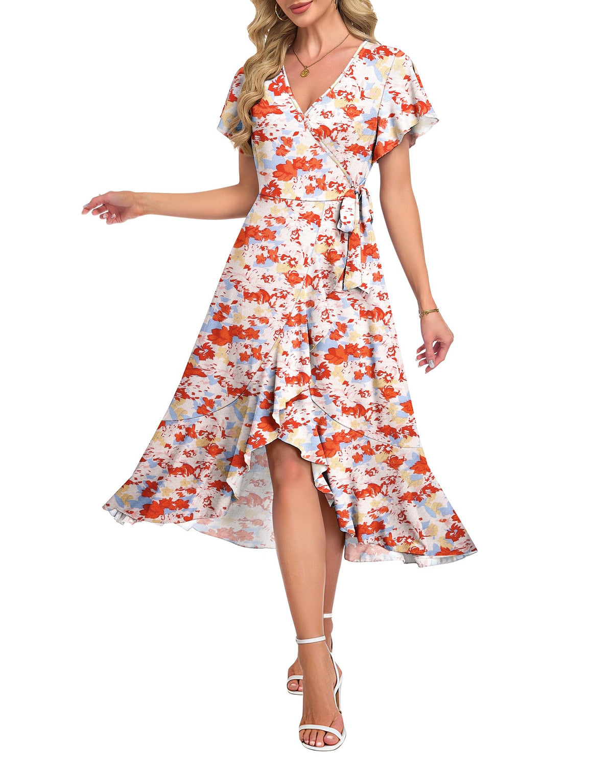 AUSELILY Women Summer Midi Dresses Wrap Short Flutter Sleeve Elegant Dress
