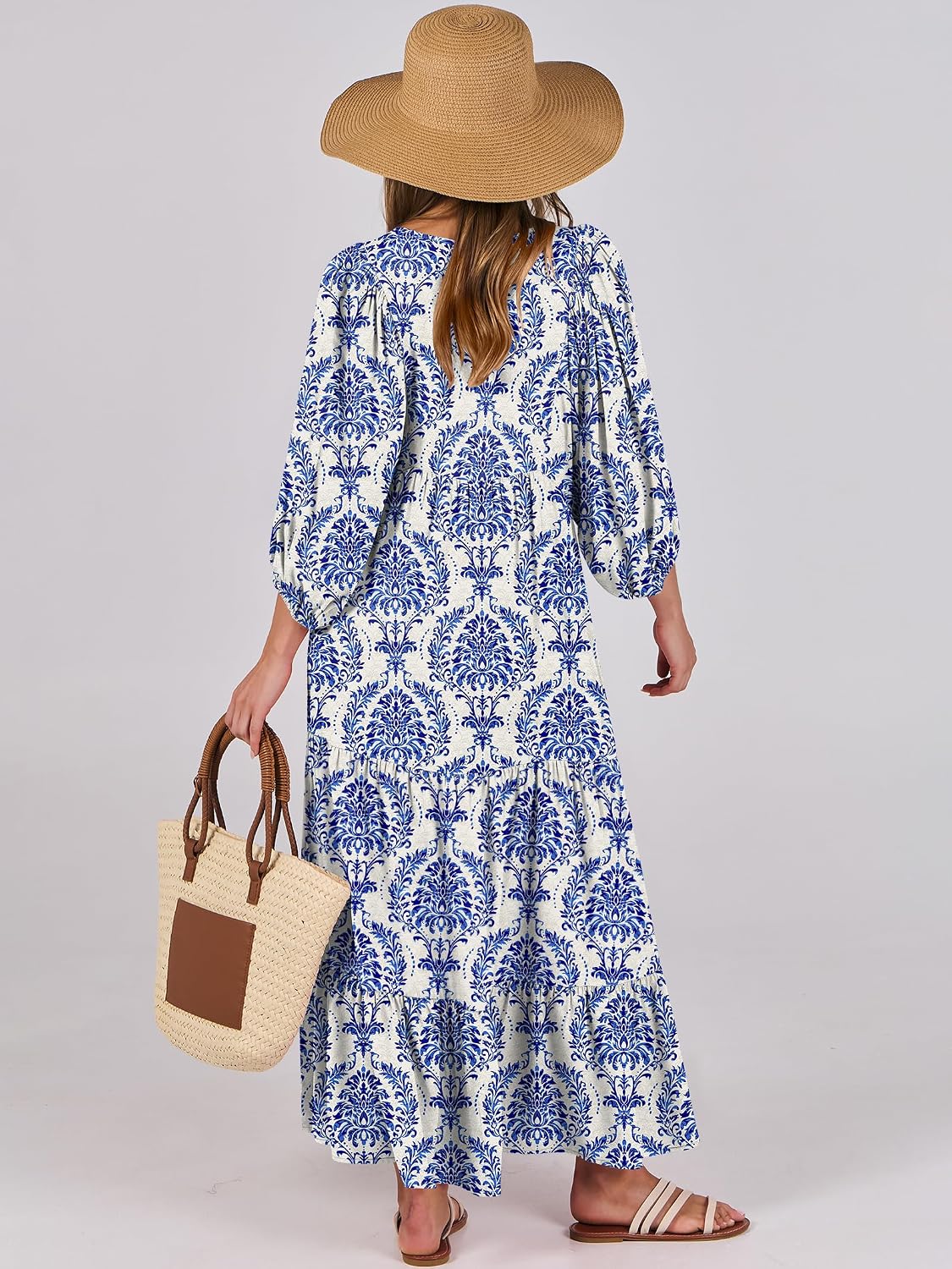 ANRABESS Womens Boho Floral 3/4 Puff Sleeve Maxi Dress