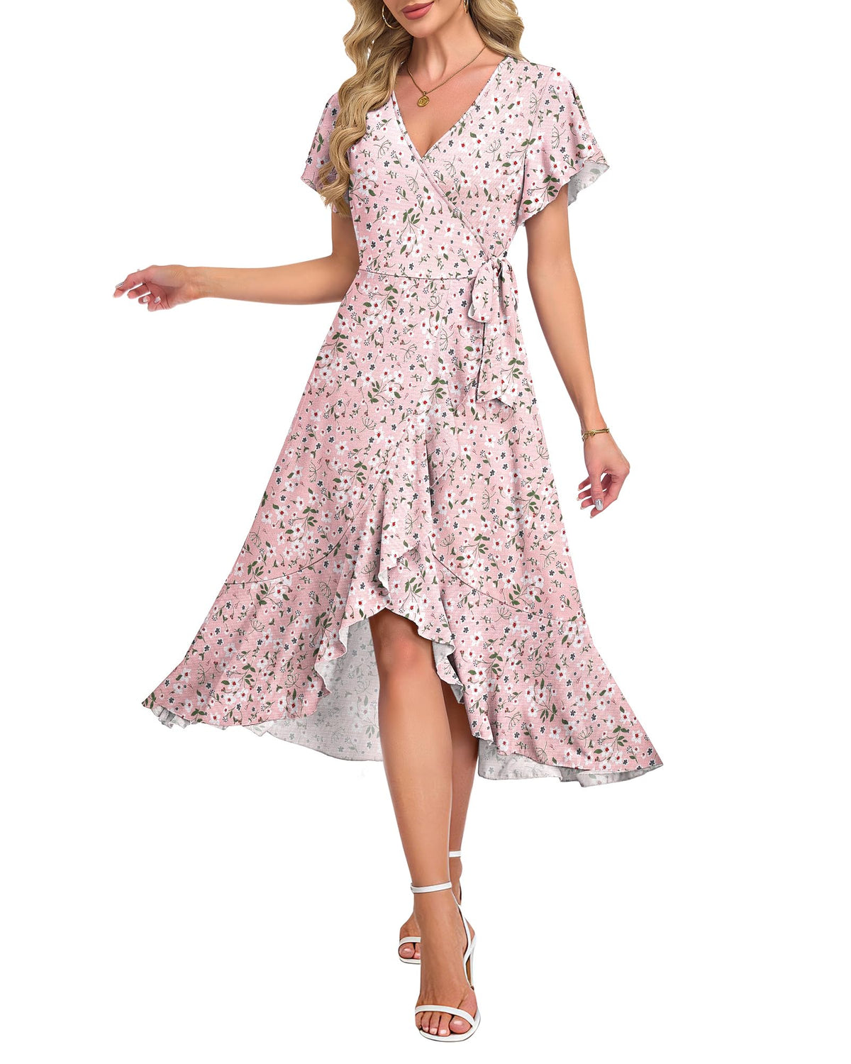 AUSELILY Women Summer Midi Dresses Wrap Short Flutter Sleeve Elegant Dress