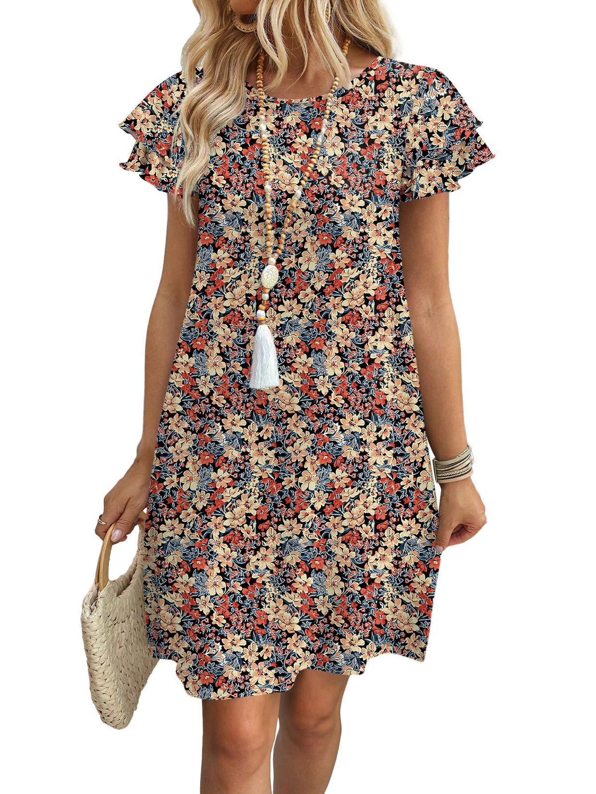 OFEEFAN Womens Summer Dresses 2026 Ruffle Sleeve Round Neck Loose Swing Sundresses with Pockets Plain/Print