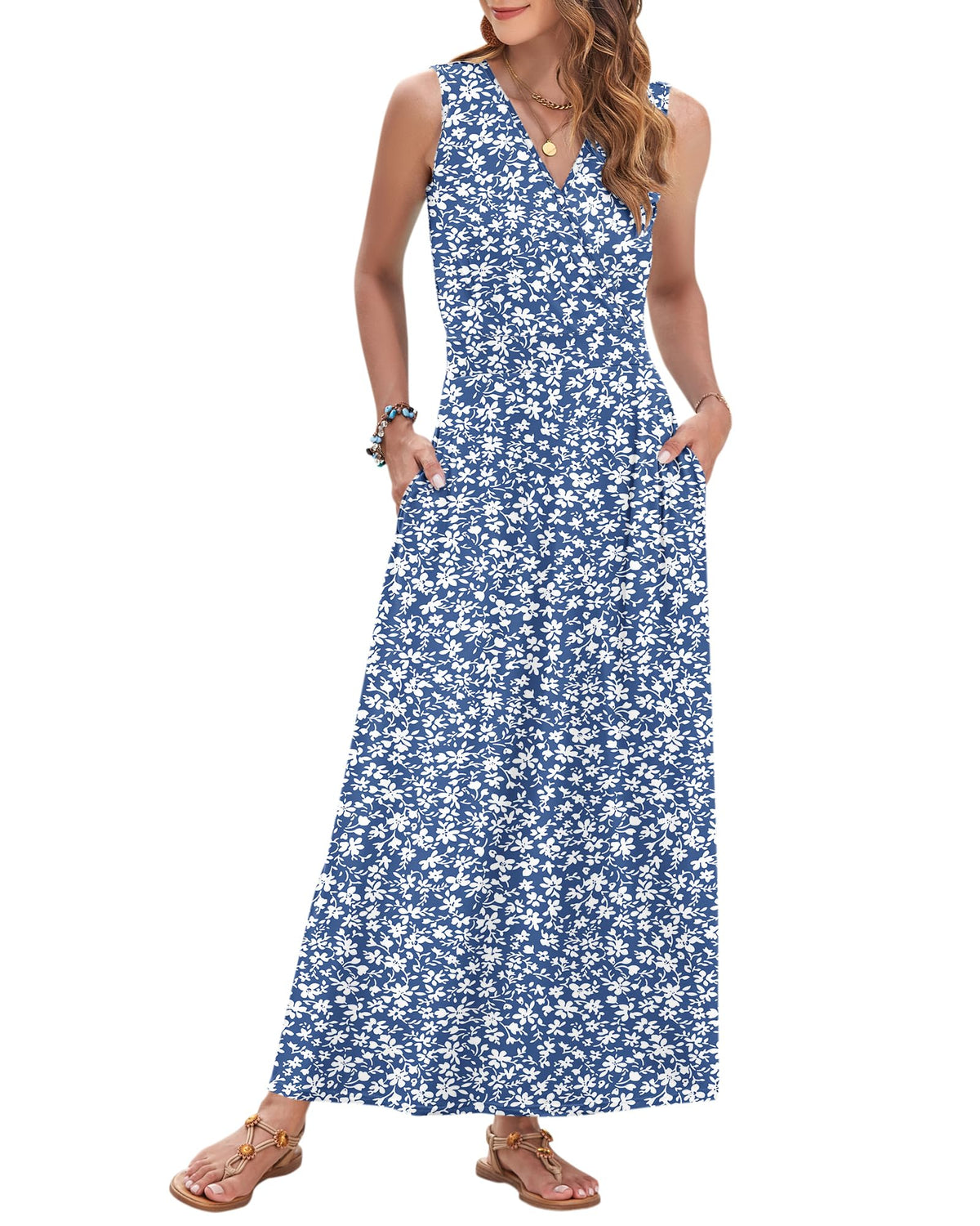 AUSELILY Womens Maxi Dress Summer Sleeveless Wrap Long Dresses with Pockets