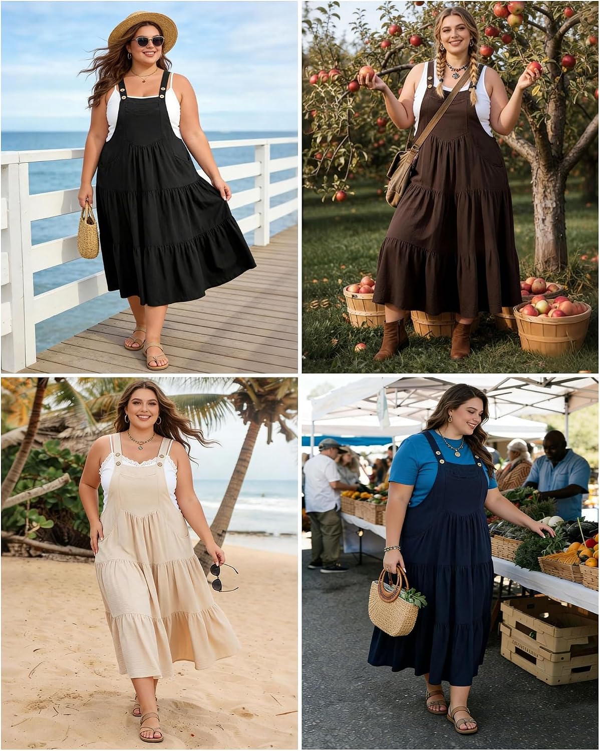 Moon Wood Plus Size Overall Dress for Women Summer Casual Maxi Dresses Jumper Dresses with Pockets Adjustable Straps